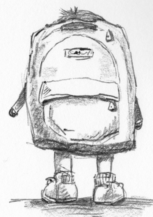 sketch drawing of a child facing away with a large backpack covering his/her back.   