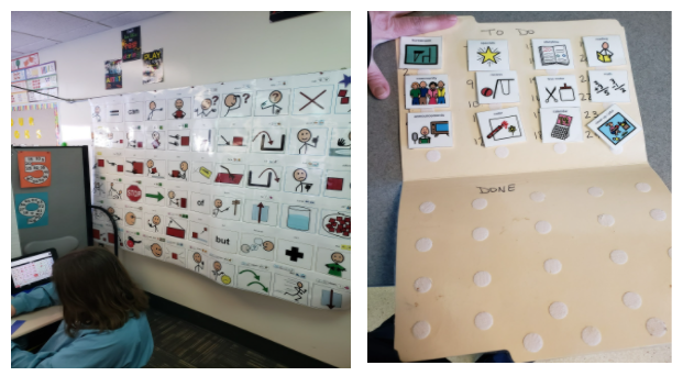 Side by side photos. On the left is a photo of a large augmentative and alternative communication board posted on a whiteboard. On the right a photo of a folder visual with the top showing to do items and the bottom is open for moving these items to the done side using Velcro
