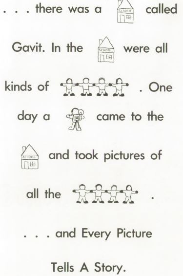 The text with emoji reads… there was a school called Gavit. In the school there were all kinds of students. One day a photographer came to the school and took pictures of all the students. …  and Every Picture Tells A Story. 