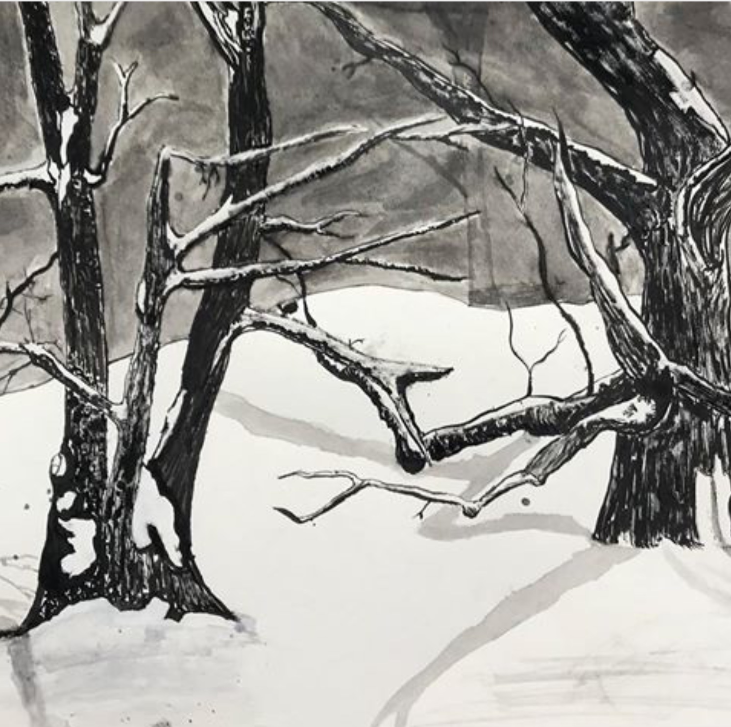 painting created by high school student of bare trees with snow and shadows