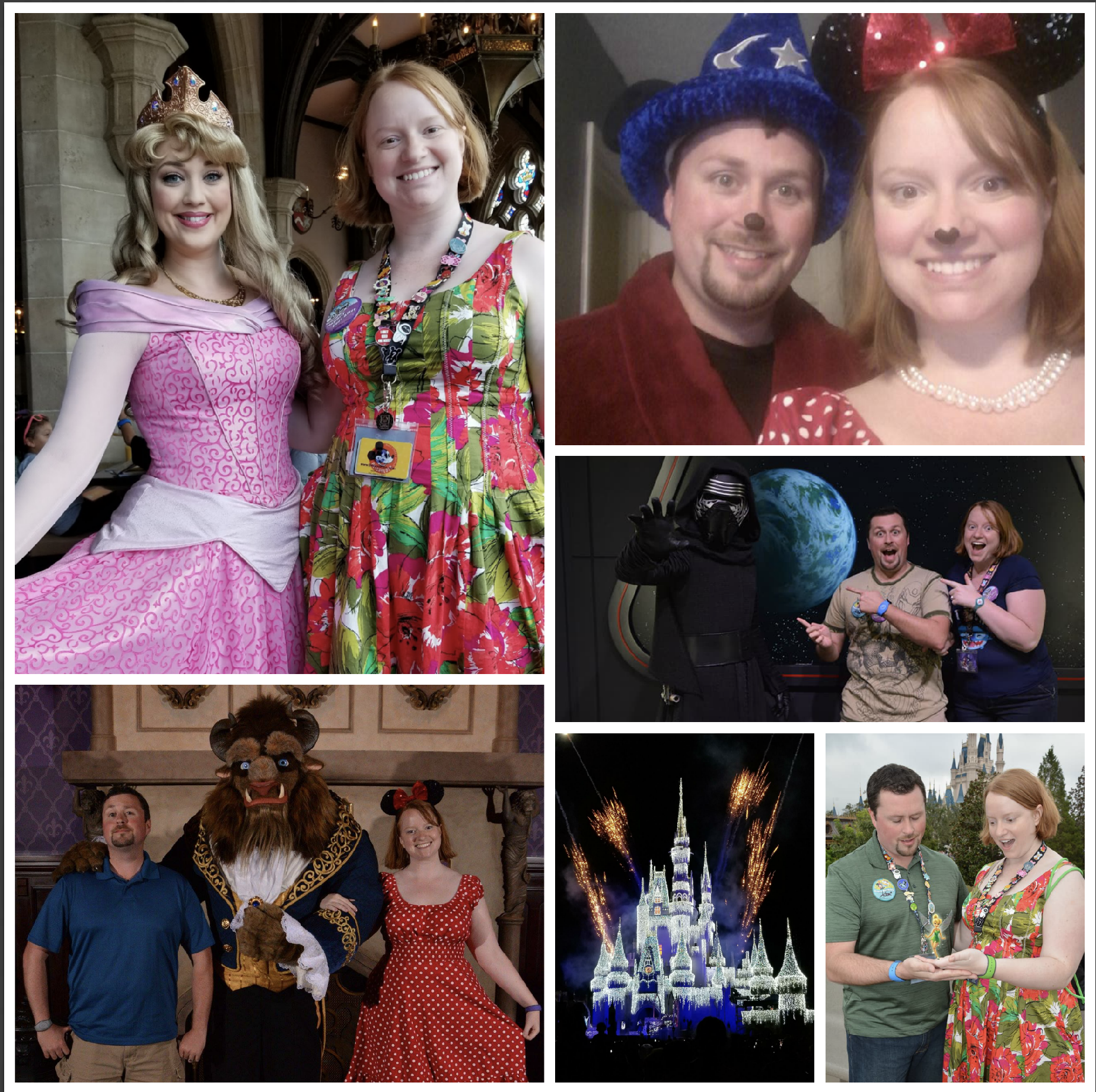 collage of Jessica with Sleeping Beauty, Jessica and Adam dressed as Mickey and Minnie Mouse, Jessica in Minnie Mouse costume with the Beast, Cinderella's Castle with fireworks, Jessica and Adam with Tinkerbelle