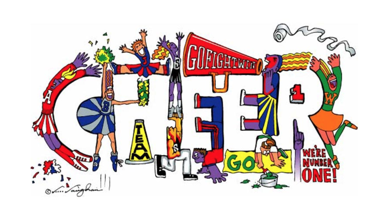 Cheer sign with many cartoon figures celebrating