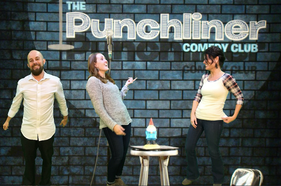 Daniel McNulty, Jena Fahlbush, and Kelli Suding posing in front of The Punchliner Comedy Club backdrop