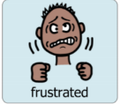 Boardmaker symbol of frustrated young man with the printed word frustrated