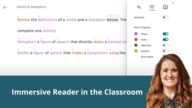 Immersive Reader screen with parts of speech color coded and labeled. Text says "Immersive Reader in the Classroom." Jena Fahlbush smiles.