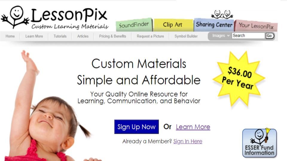 LessonPix Custom Learning Materials homepage.